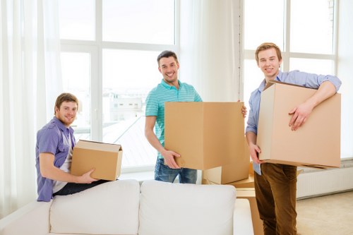 Packed furniture and protective coverings during a house move