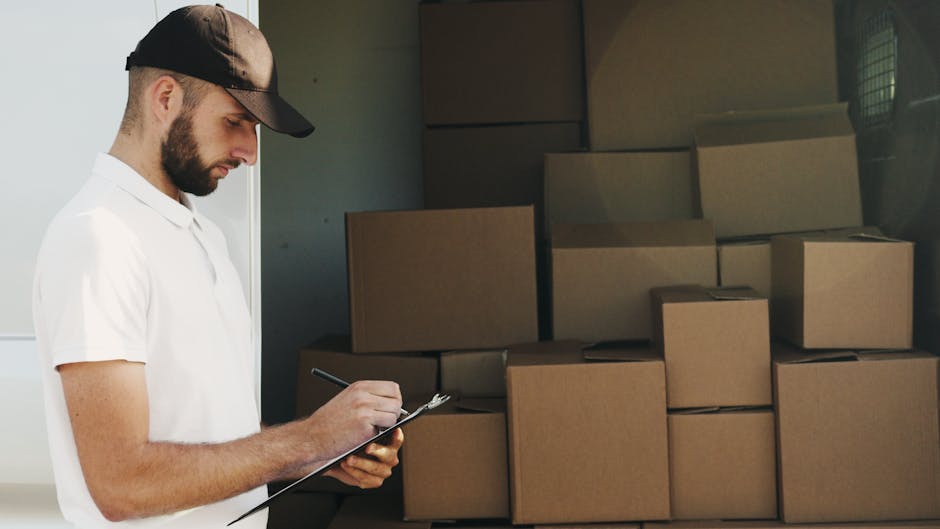 A man wearing a white polo shirt and a dark baseball cap is inspecting and taking notes on a clipboard inside a property or storage area. Behind him, there are several stacked cardboard moving boxes o